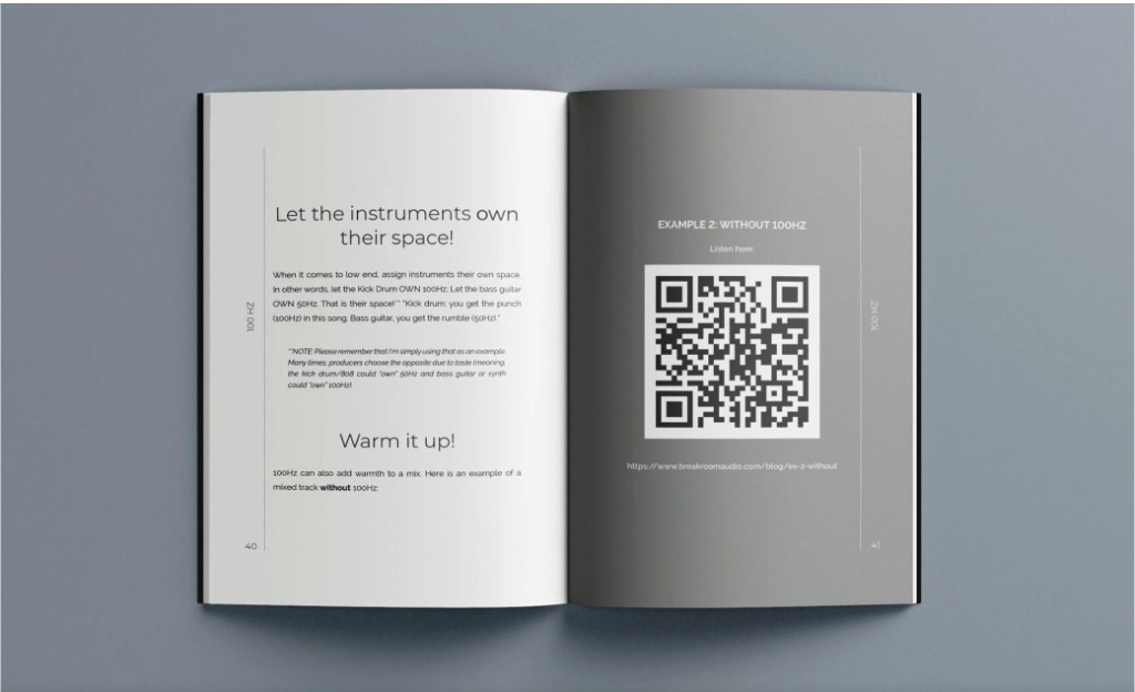Open paperback with a printed QR code for a 100 Hz listening example